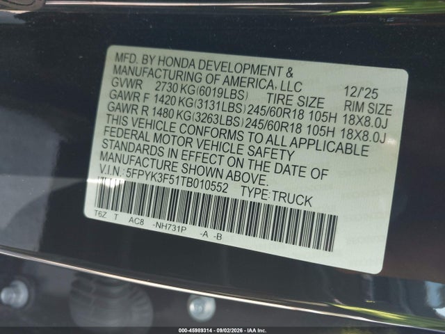 45989314 :رقم المزاد ، 5FPYK3F51TB010552 vin ، 2026 Honda Ridgeline Rtl مزاد بيع