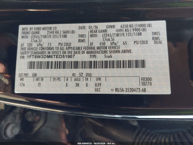 45989322 :رقم المزاد ، 1FT8W3DM6TED51907 vin ، 2026 Ford F-350 Platinum مزاد بيع