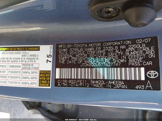 45989327 :رقم المزاد ، JTDKB20U577627747 vin ، 2007 Toyota Prius مزاد بيع