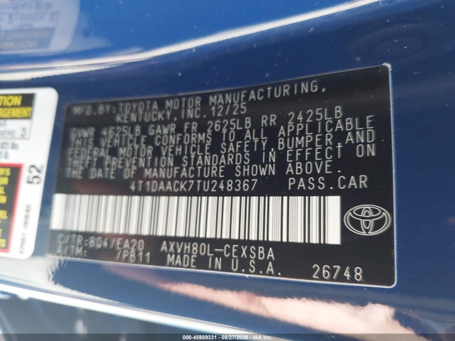 Aukcja sprzedaży 2026 Toyota Camry Se, vin: 4T1DAACK7TU248367, numer aukcji: 45989331