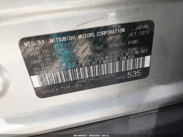 Продаж на аукціоні авто 2020 Mitsubishi Eclipse Cross Es 1.5t, vin: JA4AS3AA2LZ013379, номер лоту: 45989337
