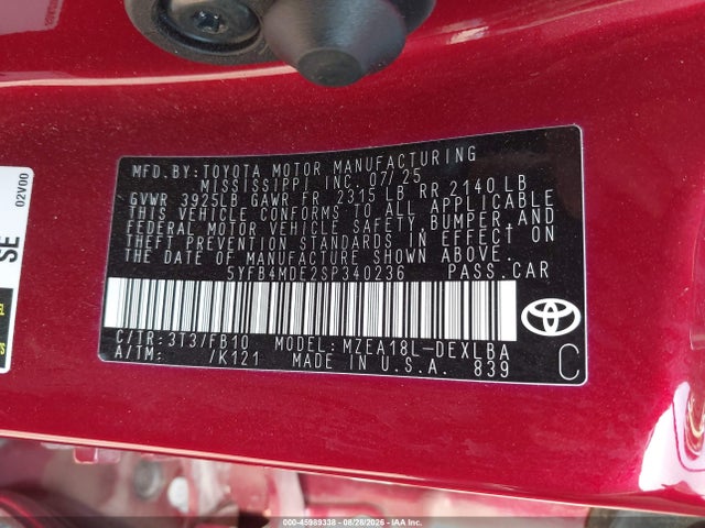 45989338 :رقم المزاد ، 5YFB4MDE2SP340236 vin ، 2025 Toyota Corolla Le مزاد بيع
