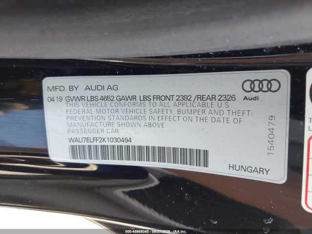 2019 Audi A3 45 Premium მანქანა იყიდება აუქციონზე, vin: WAU7ELFF2K1030494, აუქციონის ნომერი: 45989340