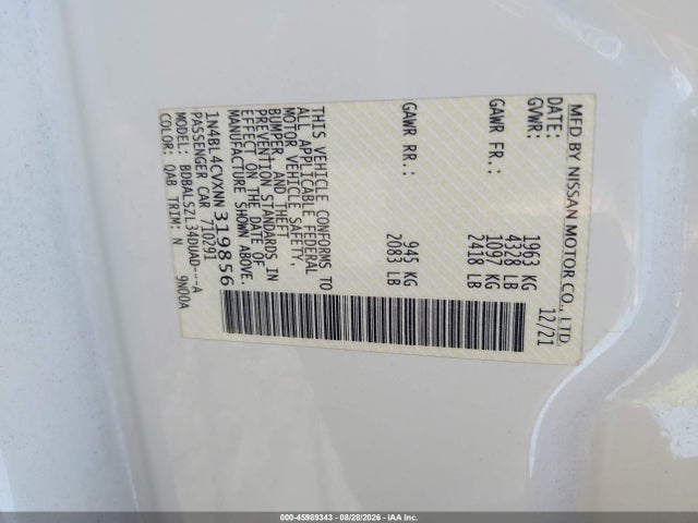 Продажа на аукционе авто 2022 Nissan Altima Sr Fwd, vin: 1N4BL4CVXNN319856, номер лота: 45989343