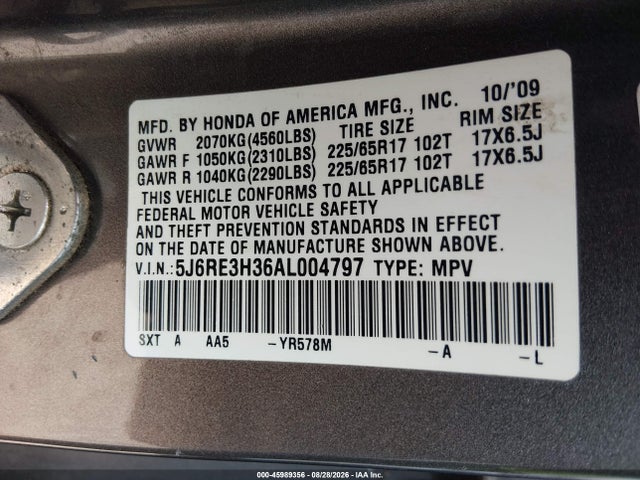2010 Honda Cr-v Lx მანქანა იყიდება აუქციონზე, vin: 5J6RE3H36AL004797, აუქციონის ნომერი: 45989356