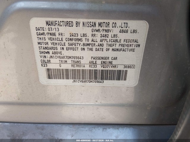 Aukcja sprzedaży 2013 Infiniti G37x, vin: JN1CV6AR7DM765643, numer aukcji: 45989365