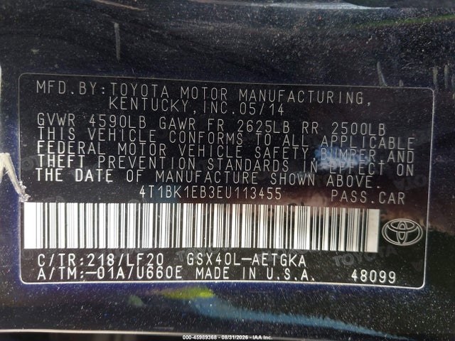 2014 Toyota Avalon Xle Premium მანქანა იყიდება აუქციონზე, vin: 4T1BK1EB3EU113455, აუქციონის ნომერი: 45989368