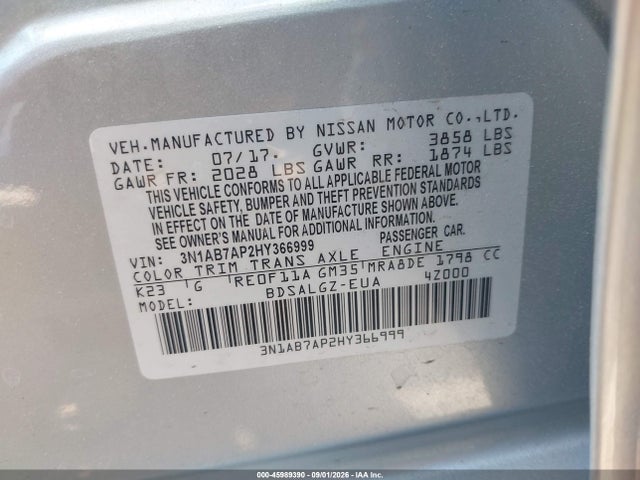 Aukcja sprzedaży 2017 Nissan Sentra Sl, vin: 3N1AB7AP2HY366999, numer aukcji: 45989390