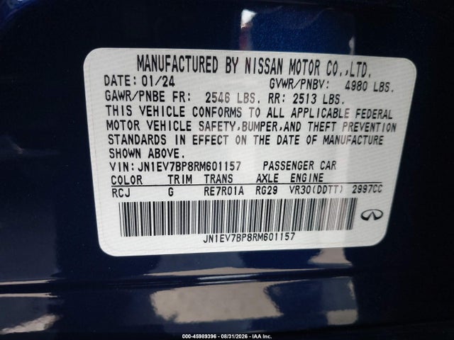 45989396 :رقم المزاد ، JN1EV7BP8RM601157 vin ، 2024 Infiniti Q50 Luxe مزاد بيع
