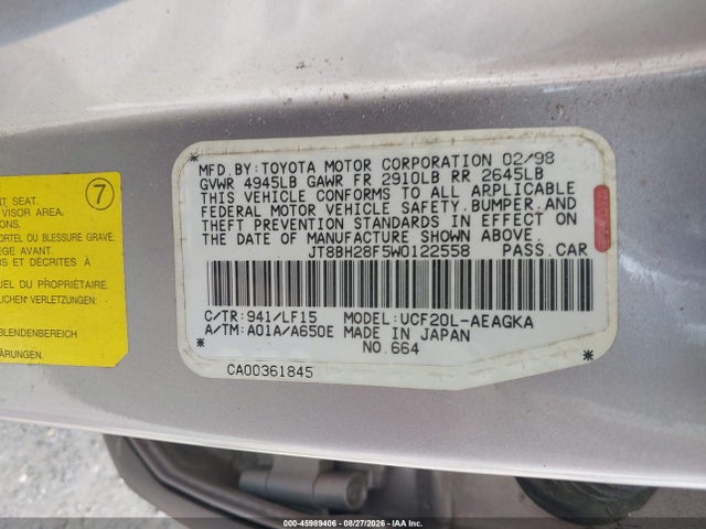 Продаж на аукціоні авто 1998 Lexus Ls 400, vin: JT8BH28F5W0122558, номер лоту: 45989406