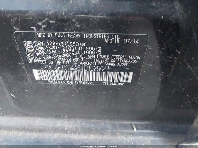 45989418 :رقم المزاد ، JF1GJAA61EH025041 vin ، 2014 Subaru Impreza 2.0i مزاد بيع