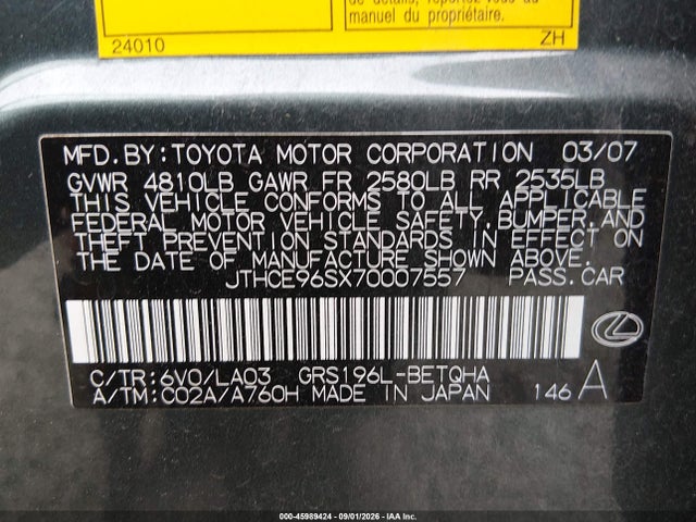 45989424 :رقم المزاد ، JTHCE96SX70007557 vin ، 2007 Lexus Gs 350 مزاد بيع