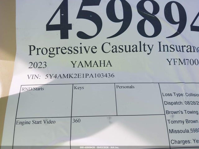 45989426 :رقم المزاد ، 5Y4AMK2E1PA103436 vin ، 2023 Yamaha Yfm700 G مزاد بيع