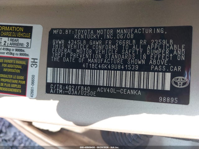 45989450 :رقم المزاد ، 4T1BE46K49U841539 vin ، 2009 Toyota Camry مزاد بيع