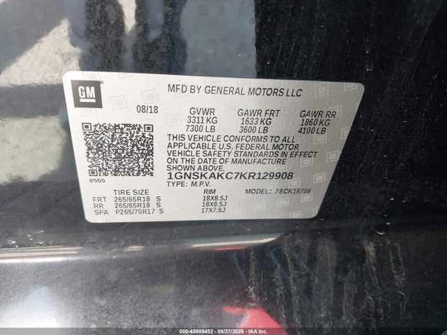 Aukcja sprzedaży 2019 Chevrolet Tahoe Ls, vin: 1GNSKAKC7KR129908, numer aukcji: 45989452