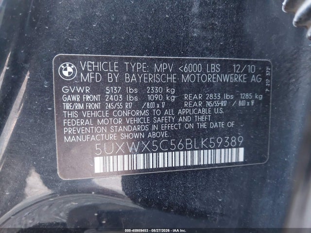 Aukcja sprzedaży 2011 Bmw X3 Xdrive28i, vin: 5UXWX5C56BLK59389, numer aukcji: 45989453