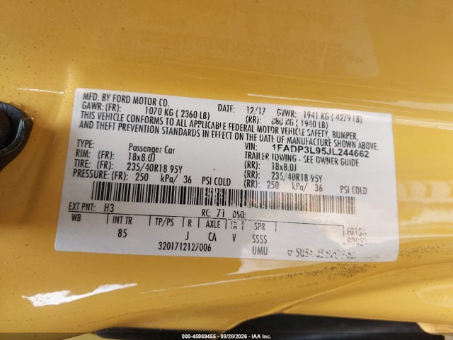 2018 Ford Focus St მანქანა იყიდება აუქციონზე, vin: 1FADP3L95JL244662, აუქციონის ნომერი: 45989455