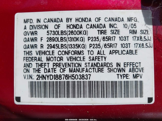 2006 Acura Mdx მანქანა იყიდება აუქციონზე, vin: 2HNYD18876H503837, აუქციონის ნომერი: 45989456