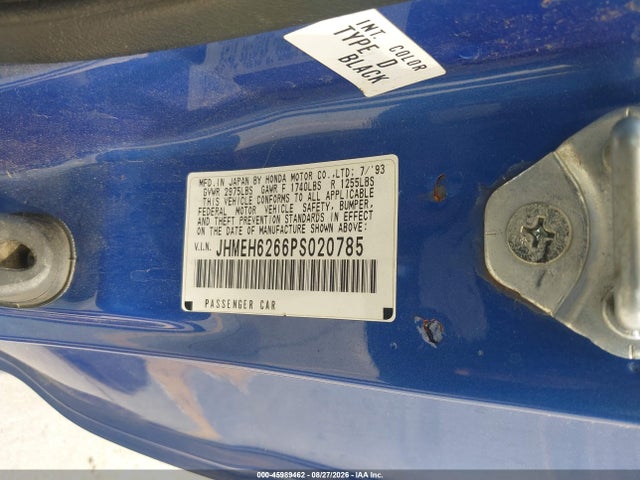 45989462 :رقم المزاد ، JHMEH6266PS020785 vin ، 1993 Honda Civic Del Sol Si مزاد بيع
