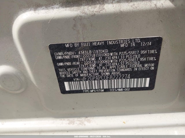 45989468 :رقم المزاد ، JF2GPAPC0F8222274 vin ، 2015 Subaru Xv Crosstrek 2.0i Limited مزاد بيع