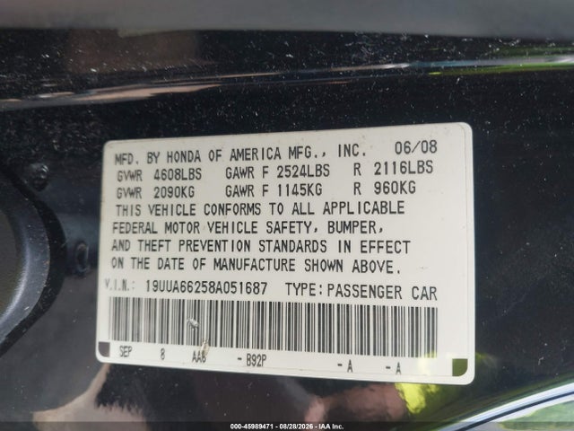45989471 :رقم المزاد ، 19UUA66258A051687 vin ، 2008 Acura Tl 3.2 مزاد بيع