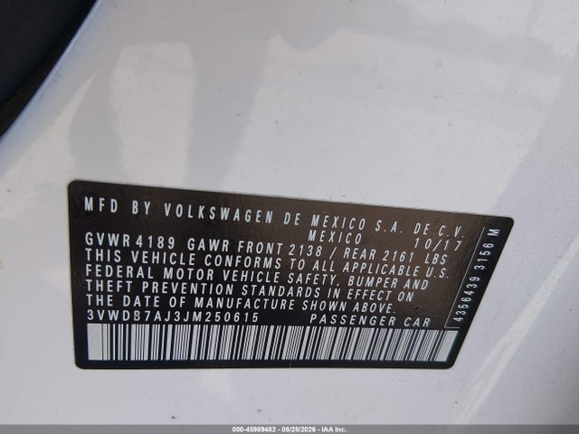 Продажа на аукционе авто 2018 Volkswagen Jetta 1.4t Se/1.4t Wolfsburg Edition, vin: 3VWDB7AJ3JM250615, номер лота: 45989482