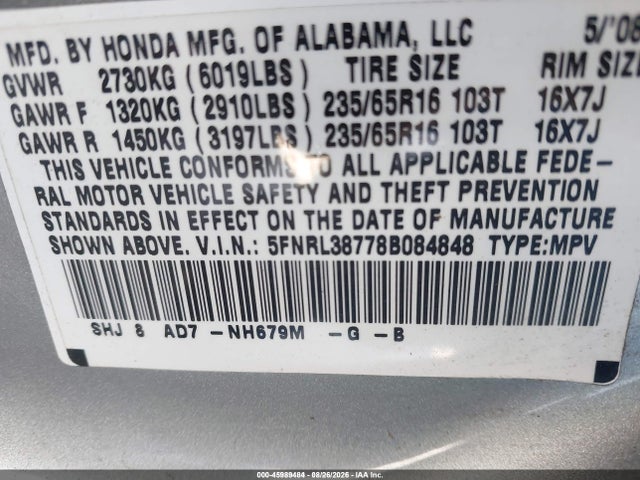 Aukcja sprzedaży 2008 Honda Odyssey Ex-l, vin: 5FNRL38778B084848, numer aukcji: 45989484