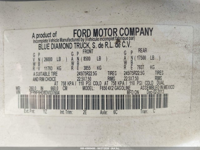 Продаж на аукціоні авто 2013 Ford F-650 Gas, vin: 3FRNF6HD8DV037604, номер лоту: 45989495