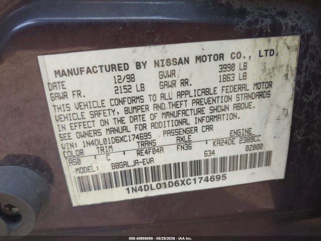 Aukcja sprzedaży 1999 Nissan Altima Gle/gxe/se/se-l/xe, vin: 1N4DL01D6XC174695, numer aukcji: 45989498