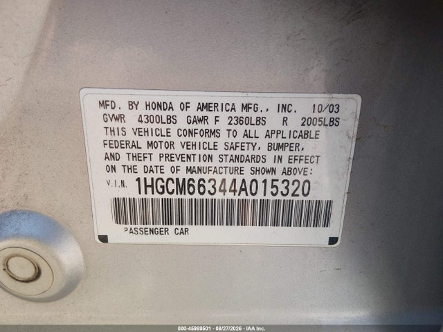 Aukcja sprzedaży 2004 Honda Accord 3.0 Lx, vin: 1HGCM66344A015320, numer aukcji: 45989501