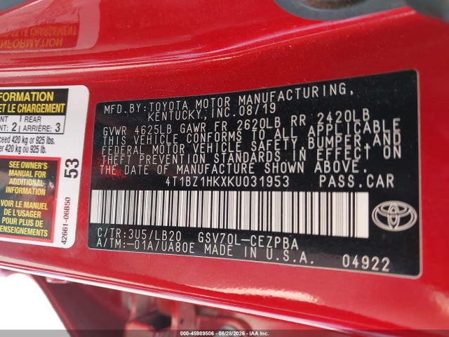 Продаж на аукціоні авто 2019 Toyota Camry Xse V6, vin: 4T1BZ1HKXKU031953, номер лоту: 45989506