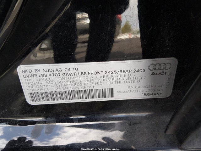 45989531 :رقم المزاد ، WAUAFAFL6AN063048 vin ، 2010 Audi A4 2.0t Premium مزاد بيع