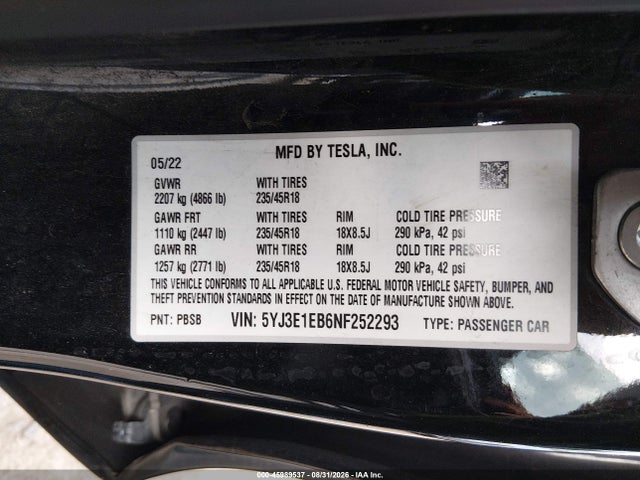5YJ3E1EB6NF252293 Tesla Model 3 Long Range Dual Motor All-wheel Drive