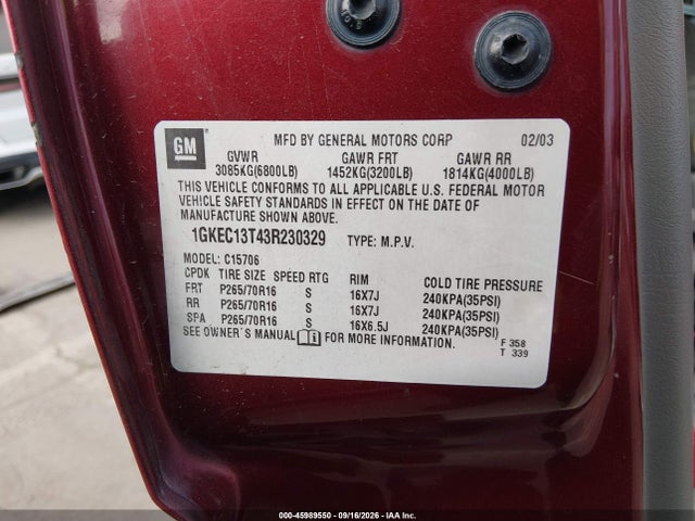 Aukcja sprzedaży 2003 Gmc Yukon Slt, vin: 1GKEC13T43R230329, numer aukcji: 45989550