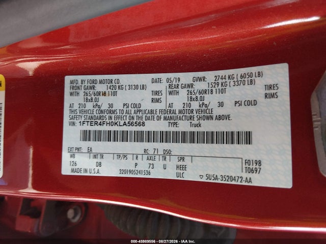 2019 Ford Ranger Lariat მანქანა იყიდება აუქციონზე, vin: 1FTER4FH0KLA56568, აუქციონის ნომერი: 45989556