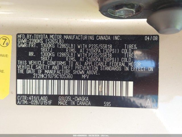 45989558 :رقم المزاد ، 2T2HK31U79C105360 vin ، 2009 Lexus Rx 350 مزاد بيع