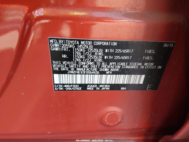 45989567 :رقم المزاد ، JTMZFREV3FD064436 vin ، 2015 Toyota Rav4 Le مزاد بيع