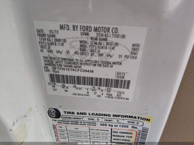 45989579 :رقم المزاد ، 1FTFW1ET6CFC09438 vin ، 2012 Ford F-150 Lariat مزاد بيع