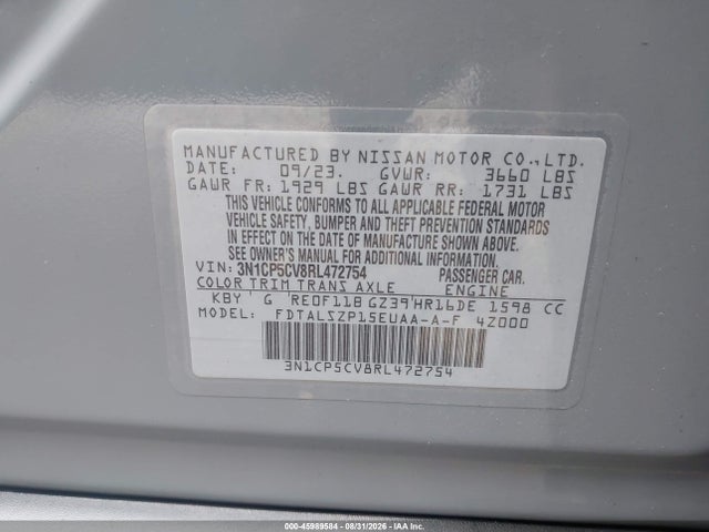 Продажа на аукционе авто 2024 Nissan Kicks Sv Xtronic Cvt, vin: 3N1CP5CV8RL472754, номер лота: 45989584