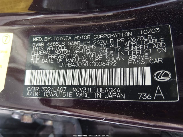 2004 Lexus Es 330 მანქანა იყიდება აუქციონზე, vin: JTHBA30G840006492, აუქციონის ნომერი: 45989588