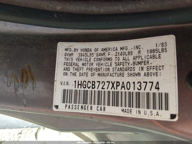 Продаж на аукціоні авто 1993 Honda Accord Ex, vin: 1HGCB727XPA013774, номер лоту: 45989600