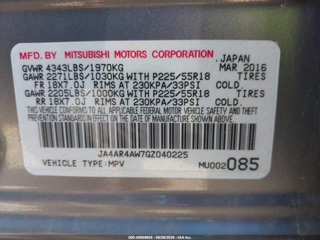 Aukcja sprzedaży 2016 Mitsubishi Outlander Sport 2.4 Sel, vin: JA4AR4AW7GZ040225, numer aukcji: 45989605