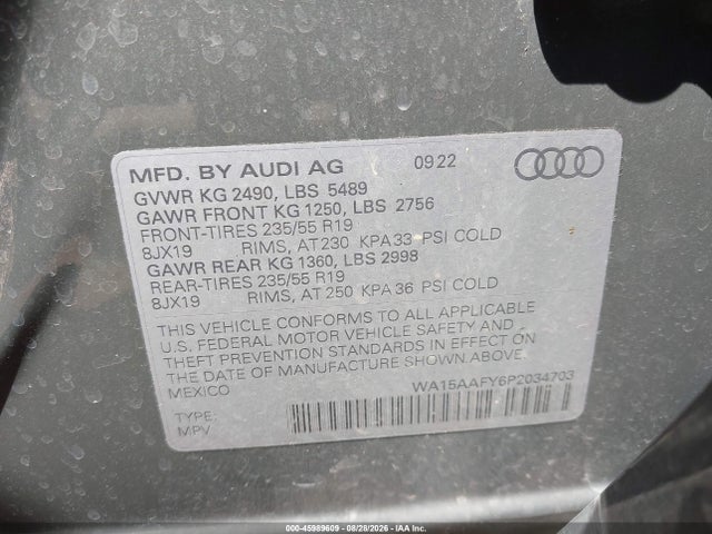 Aukcja sprzedaży 2023 Audi Q5 Sportback Premium Plus 45 Tfsi S Line Quattro S Tronic, vin: WA15AAFY6P2034703, numer aukcji: 45989609