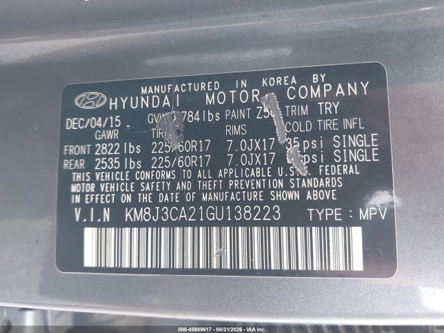 Aukcja sprzedaży 2016 Hyundai Tucson Eco, vin: KM8J3CA21GU138223, numer aukcji: 45989617
