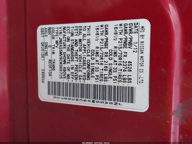 45989620 :رقم المزاد ، JN8AS5MV9CW388725 vin ، 2012 Nissan Rogue S مزاد بيع
