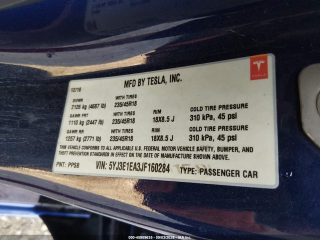 Aukcja sprzedaży 2018 Tesla Model 3 Long Range/mid Range, vin: 5YJ3E1EA3JF160284, numer aukcji: 45989635