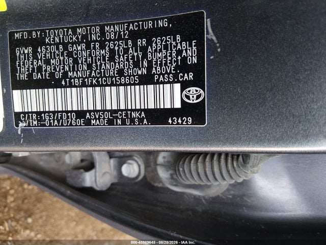 2012 Toyota Camry Le მანქანა იყიდება აუქციონზე, vin: 4T1BF1FK1CU158605, აუქციონის ნომერი: 45989645