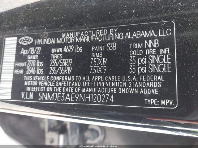 2022 Hyundai Tucson Limited მანქანა იყიდება აუქციონზე, vin: 5NMJE3AE9NH120274, აუქციონის ნომერი: 45989662