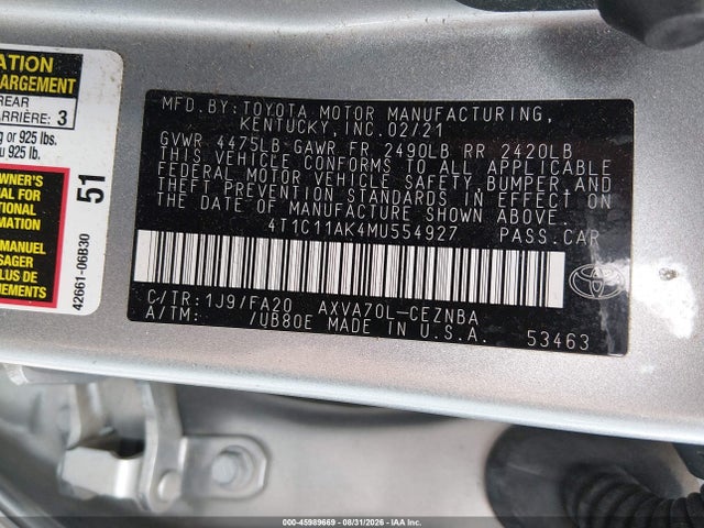 2021 Toyota Camry Le მანქანა იყიდება აუქციონზე, vin: 4T1C11AK4MU554927, აუქციონის ნომერი: 45989669