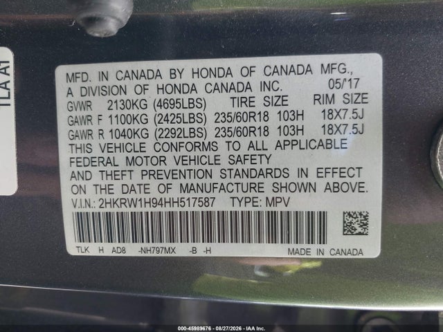 Honda Cr-v Touring 2017 2HKRW1H94HH517587 Image 9